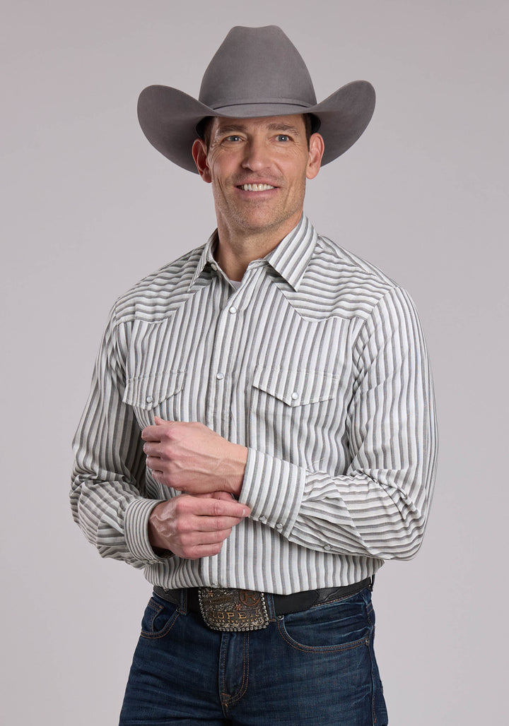 MENS ROPER CREAM AND GREY STRIPE WESTERN SNAP SHIRT