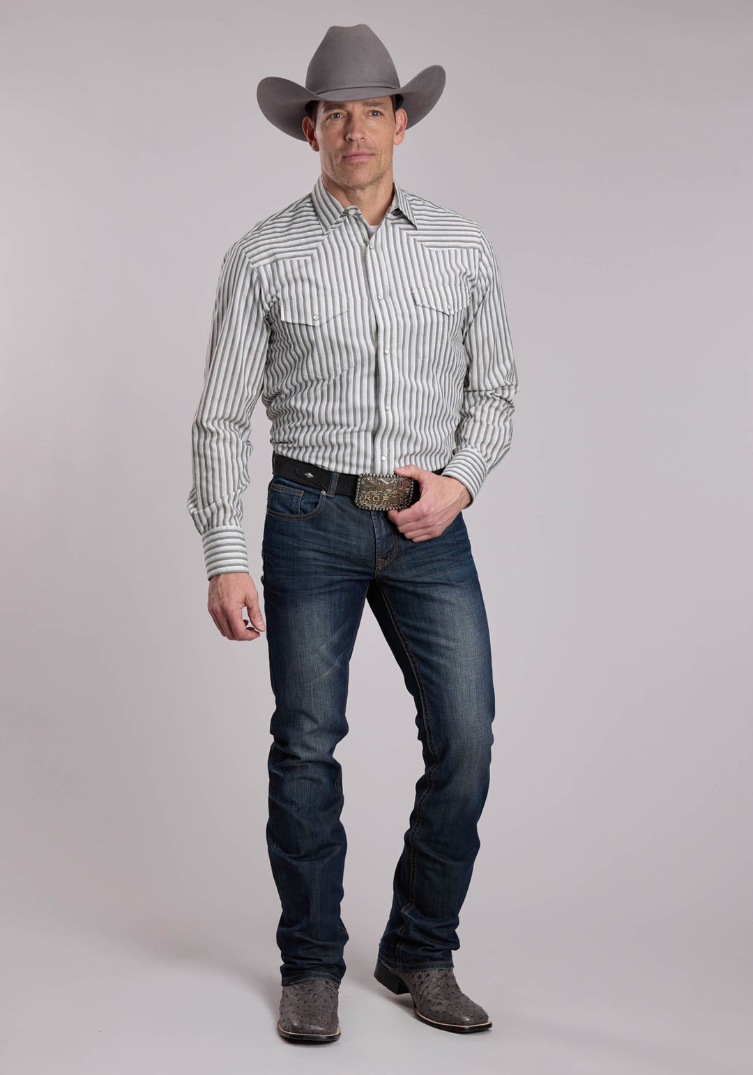 MENS ROPER CREAM AND GREY STRIPE WESTERN SNAP SHIRT