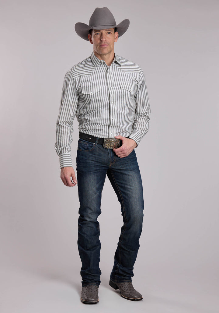 MENS ROPER CREAM AND GREY STRIPE WESTERN SNAP SHIRT