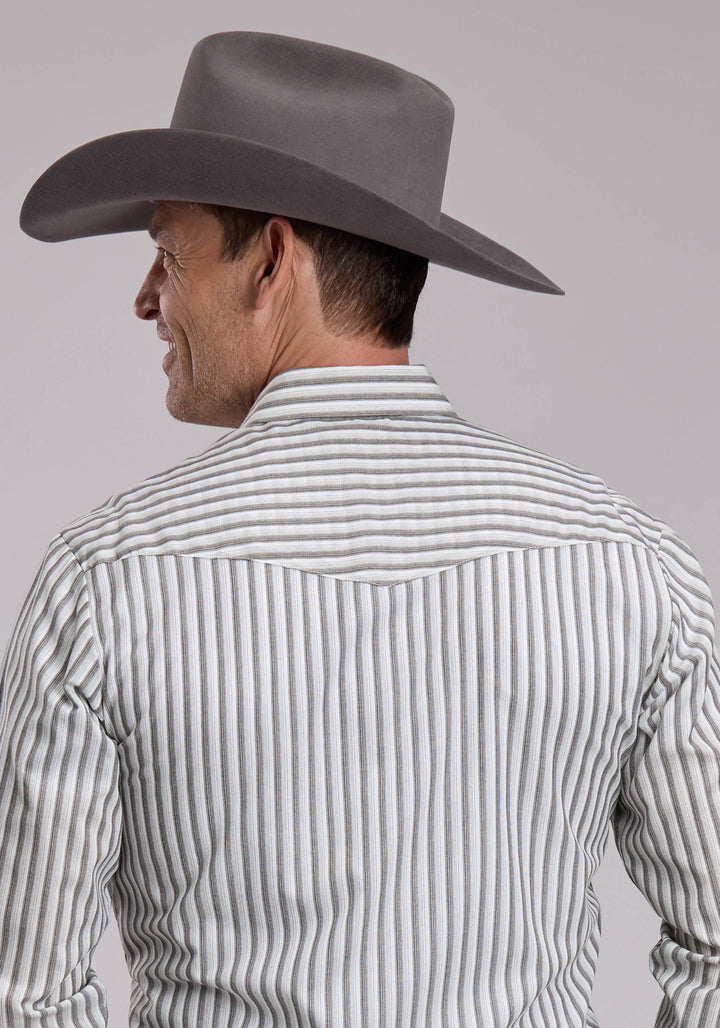 MENS ROPER CREAM AND GREY STRIPE WESTERN SNAP SHIRT