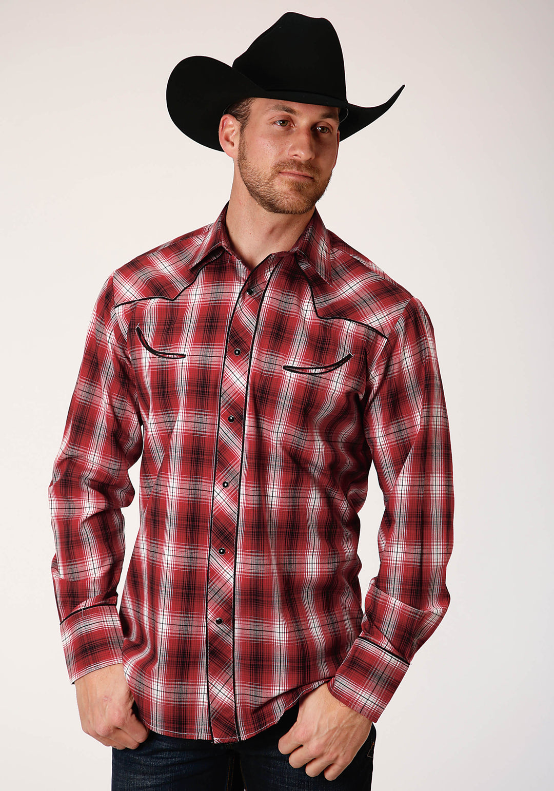 MENS LONG SLEEVE SNAP RED  WHITE AND BLACK PLAID WESTERN SHIRT