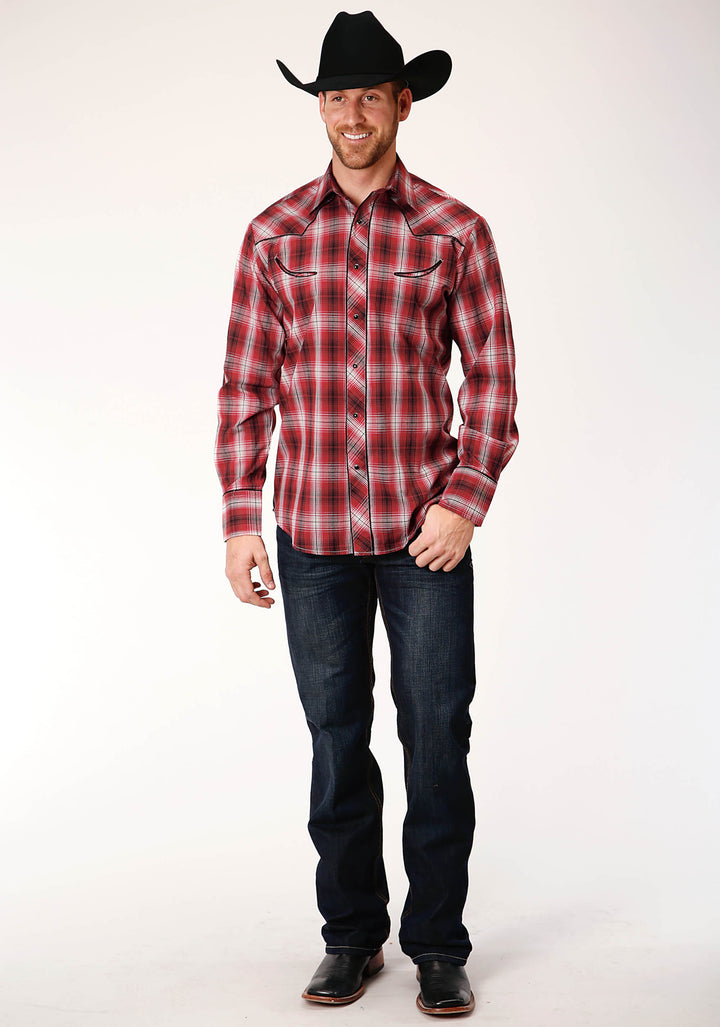 MENS LONG SLEEVE SNAP RED  WHITE AND BLACK PLAID WESTERN SHIRT