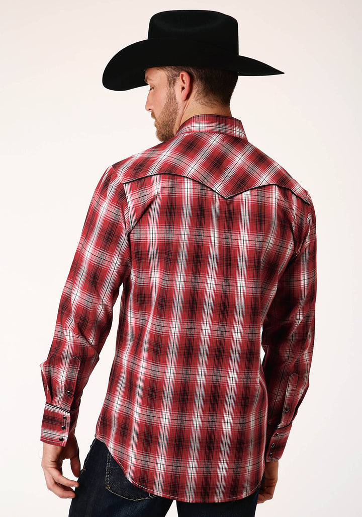 MENS LONG SLEEVE SNAP RED  WHITE AND BLACK PLAID WESTERN SHIRT