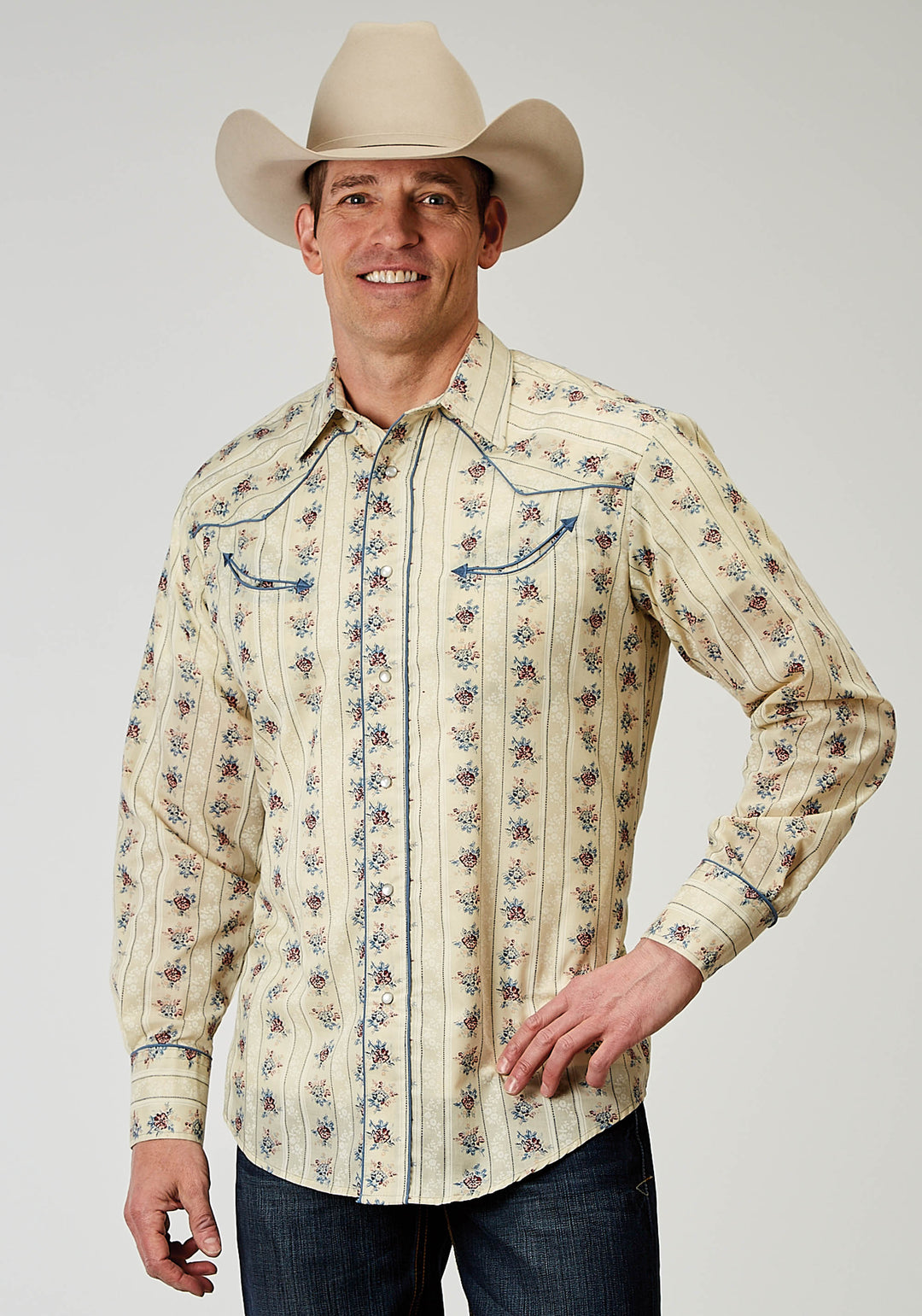 Mens Long Sleeve Snap Floral Stripe Western Shirt With Solid Piping On Fron 3XL Mens Long Sleeve Snap Floral Stripe Western Shirt With Solid Piping On Fron 3XL