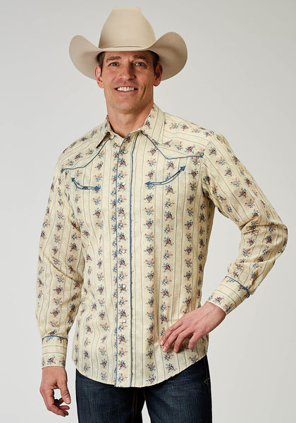 Mens Long Sleeve Snap Floral Stripe Western Shirt With Solid
