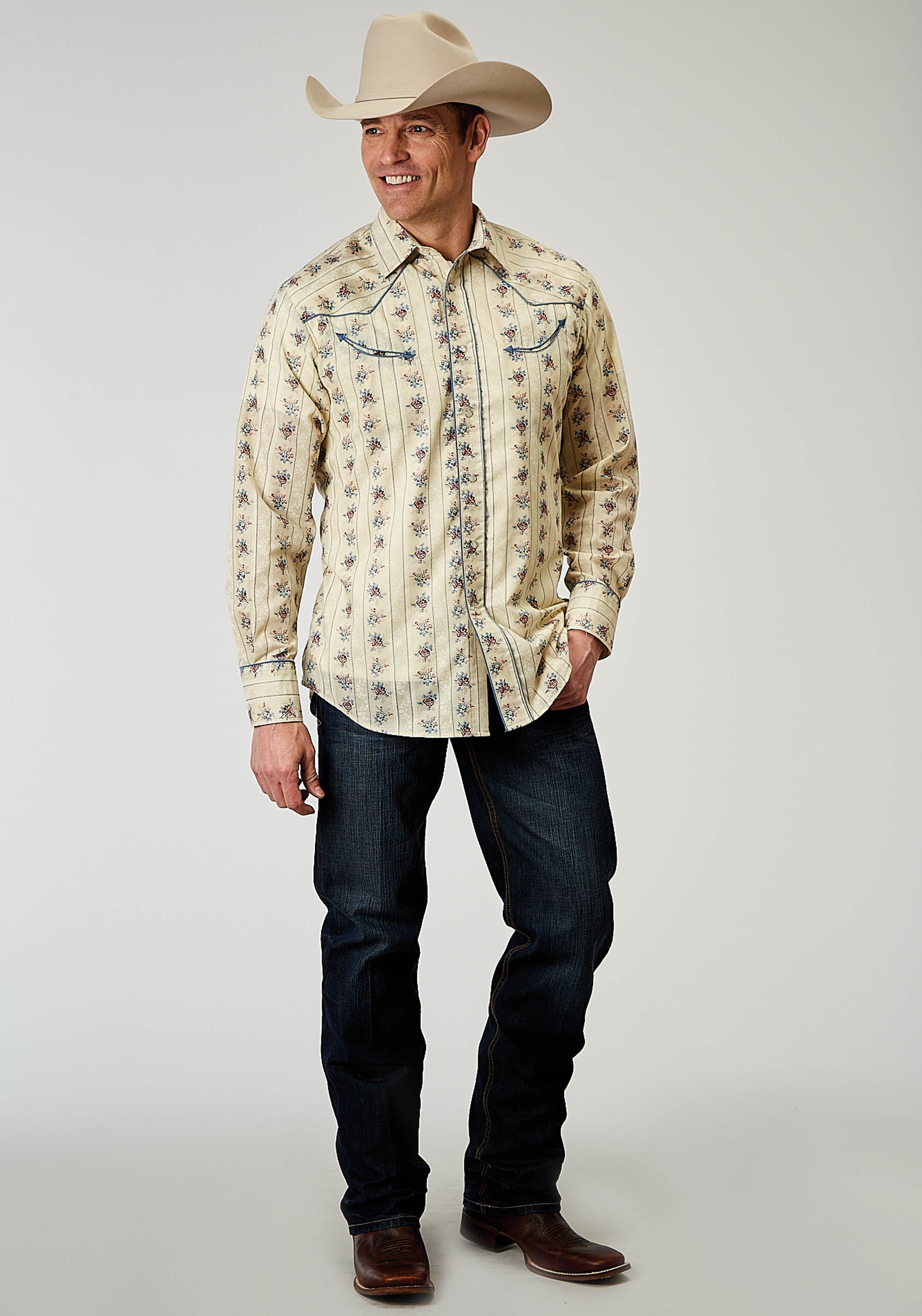 Mens Long Sleeve Snap Floral Stripe Western Shirt With Solid