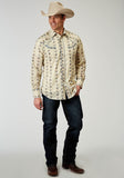 MENS LONG SLEEVE SNAP FLORAL STRIPE WESTERN SHIRT WITH SOLID PIPING ON FRONT AND BACK YOKES SMILE POCKETS