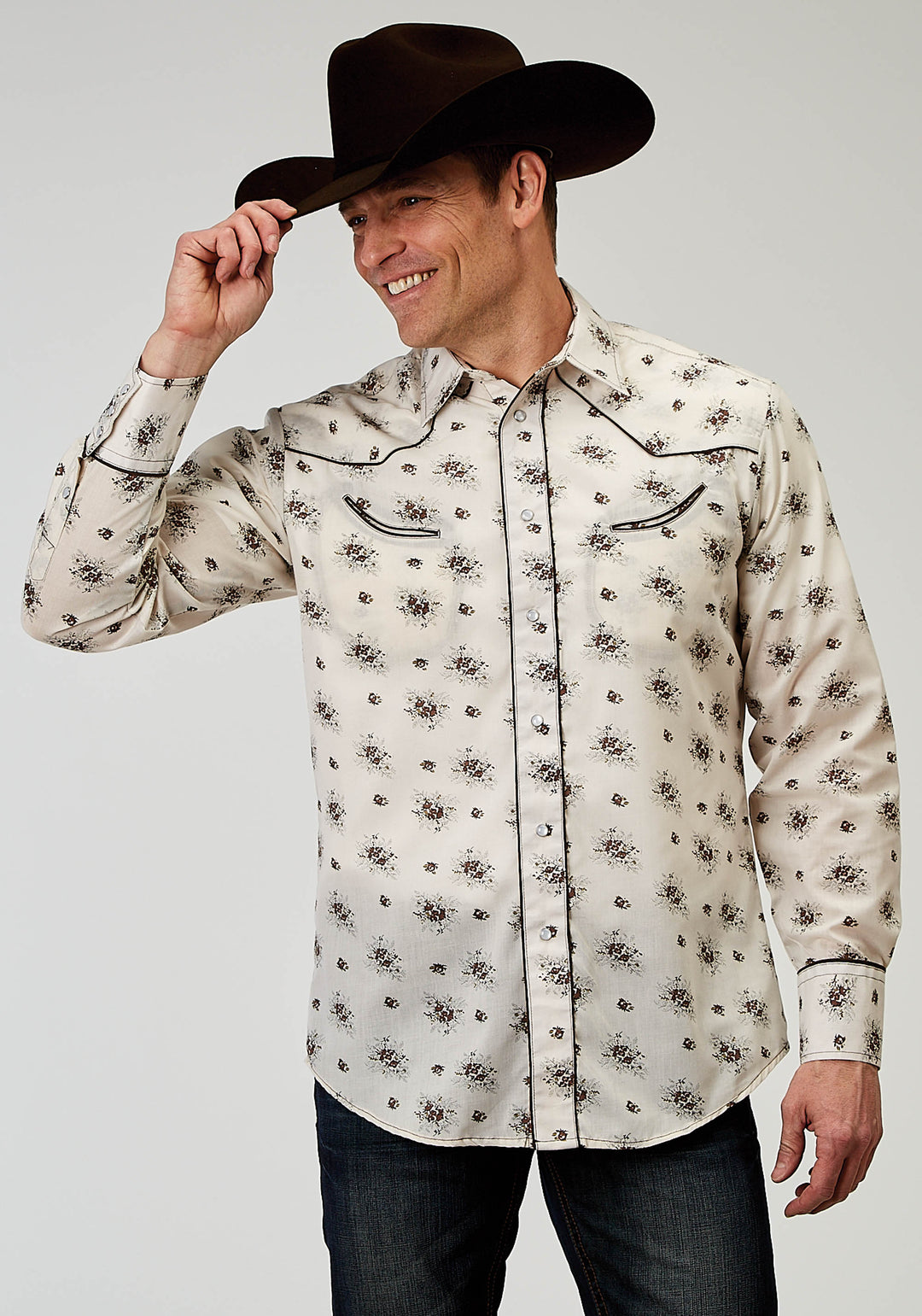MENS LONG SLEEVE SNAP VINTAGE FLORAL WESTERN SHIRT WITH SOLID PIPING ON FRONT AND BACK YOKES SMILE POCKETS