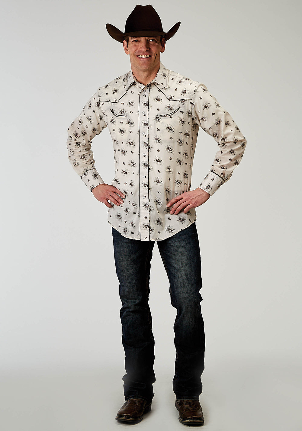 MENS LONG SLEEVE SNAP VINTAGE FLORAL WESTERN SHIRT WITH SOLID PIPING ON FRONT AND BACK YOKES SMILE POCKETS
