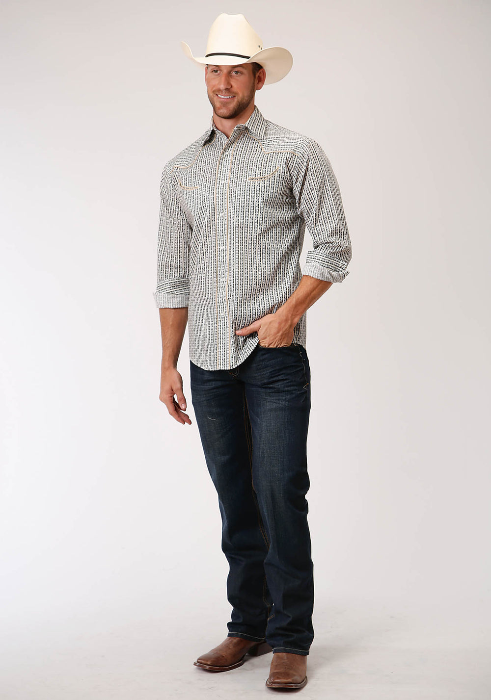 MENS DARK GREY GROUND WALLPAPER PRINT LONG SLEEVE SNAP WESTERN SHIRT