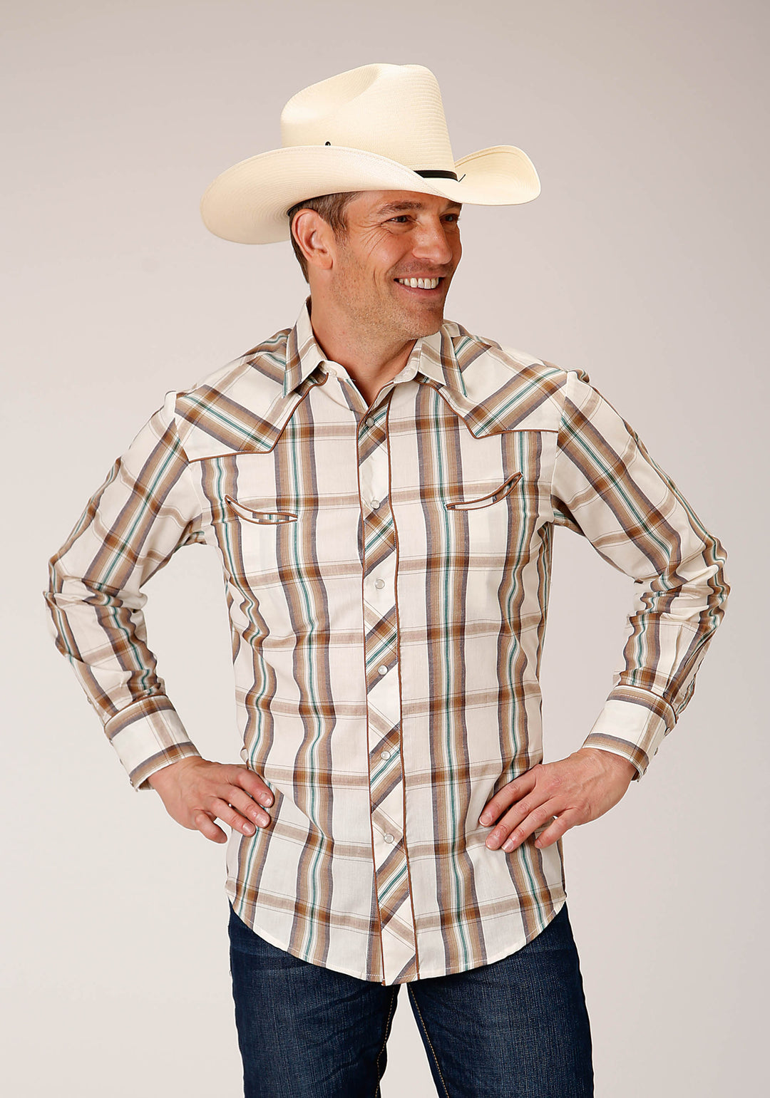 MENS LONG SLEEVE SNAP CREAM BROWN GREEN PLAID WESTERN SHIRT