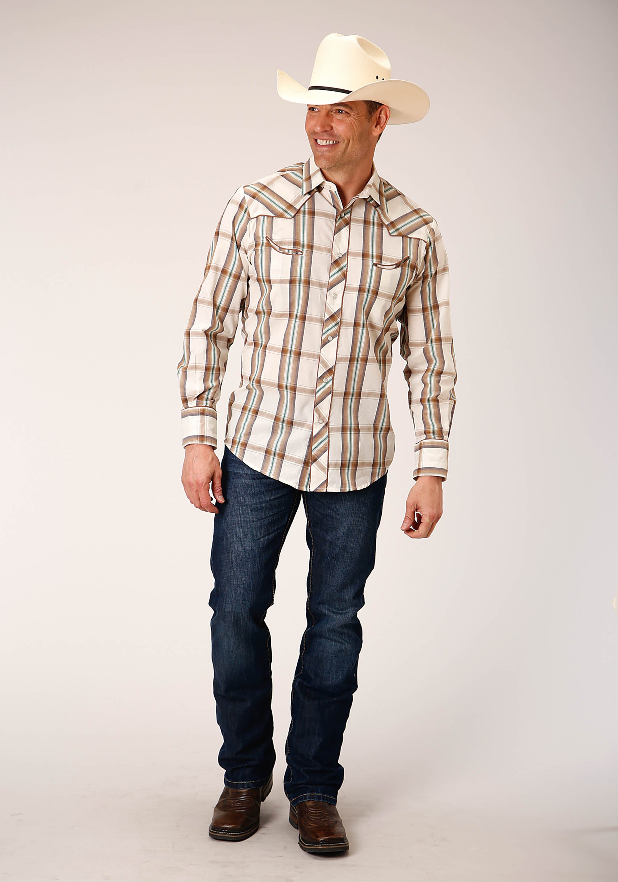 Mens Long Sleeve Snap Cream Brown Green Plaid Western Shirt
