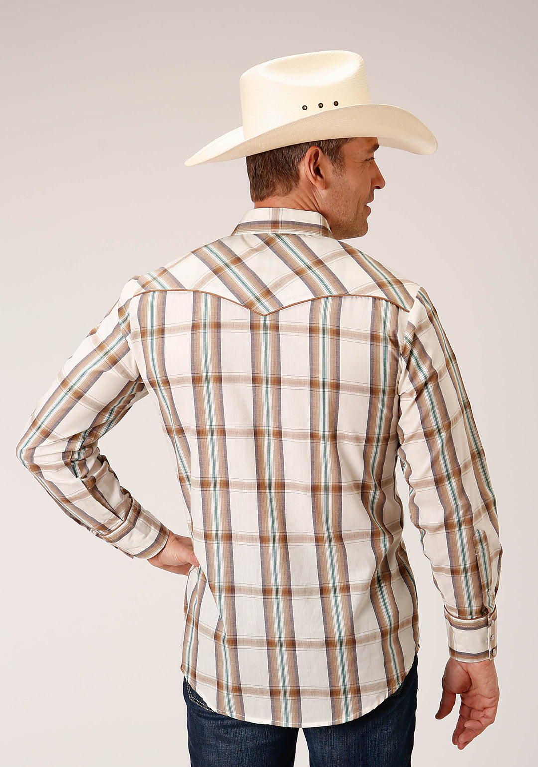 MENS LONG SLEEVE SNAP CREAM BROWN GREEN PLAID WESTERN SHIRT