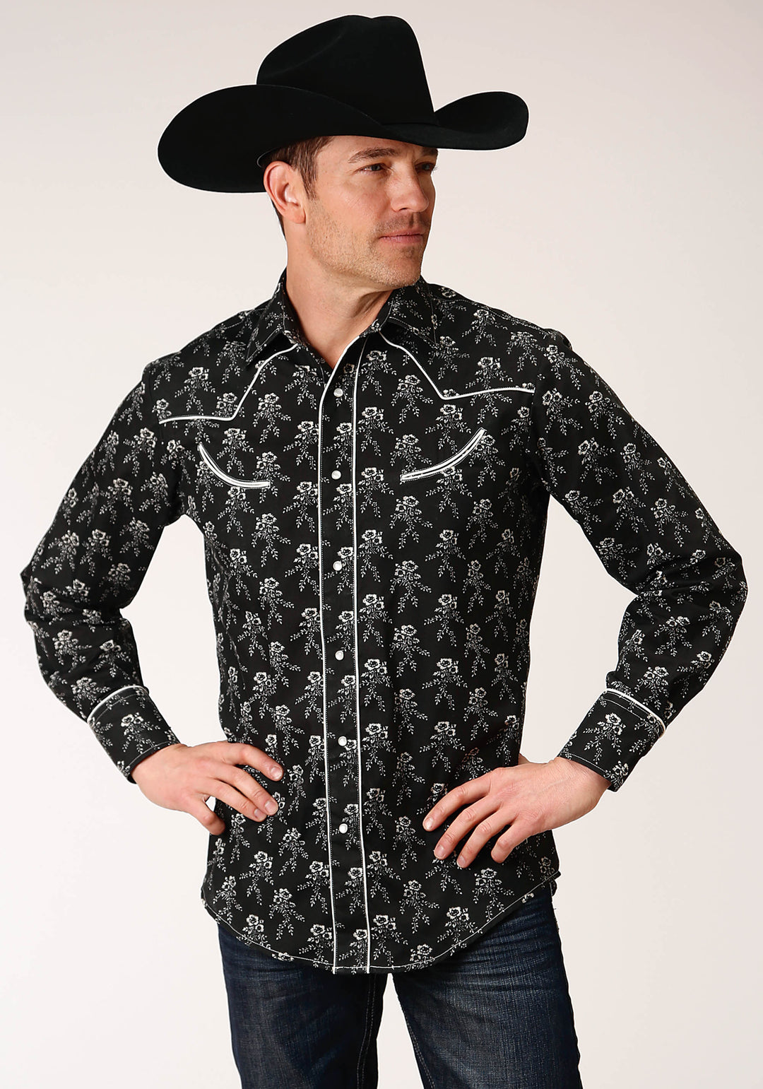 MENS LONG SLEEVE SNAP BLACK AND CREAM FLORAL PRINT WESTERN SHIRT