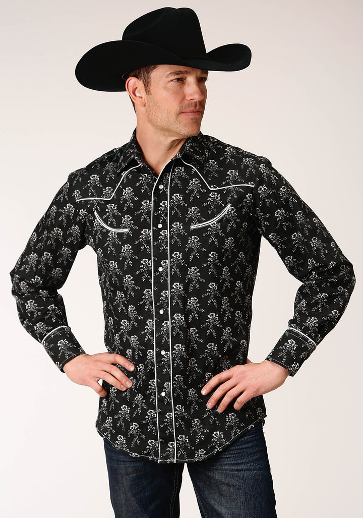 MENS LONG SLEEVE SNAP BLACK AND CREAM FLORAL PRINT WESTERN SHIRT