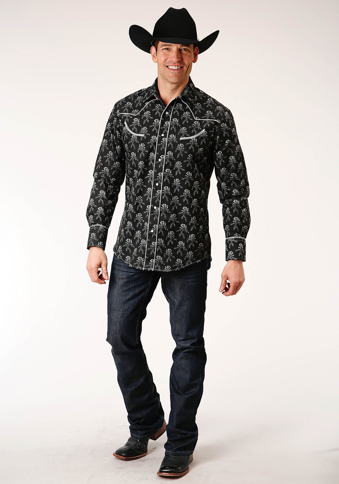 MENS LONG SLEEVE SNAP BLACK AND CREAM FLORAL PRINT WESTERN SHIRT