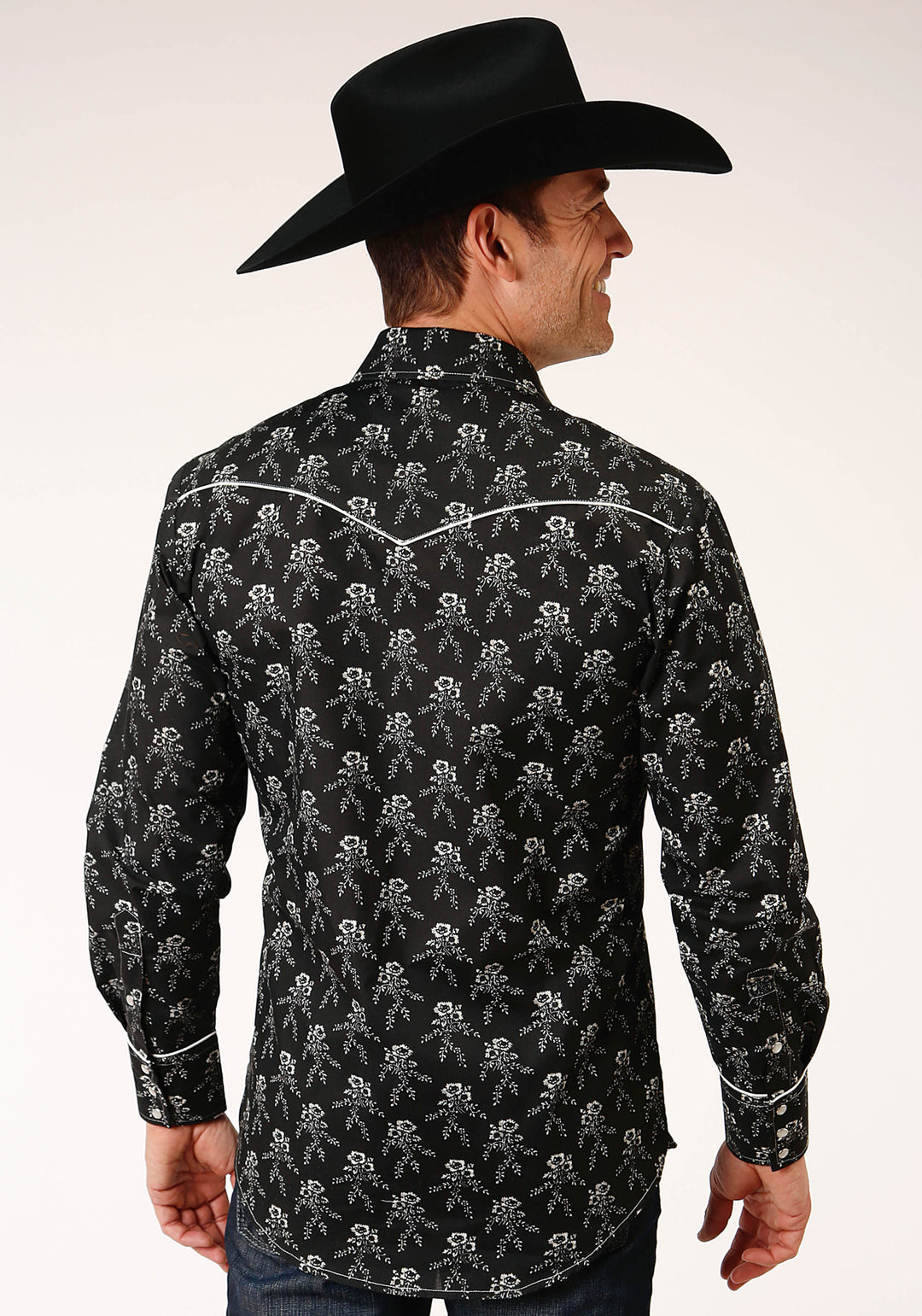 MENS LONG SLEEVE SNAP BLACK AND CREAM FLORAL PRINT WESTERN SHIRT