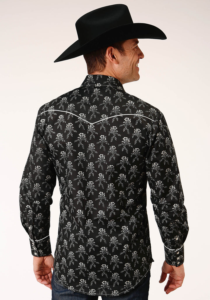 MENS LONG SLEEVE SNAP BLACK AND CREAM FLORAL PRINT WESTERN SHIRT