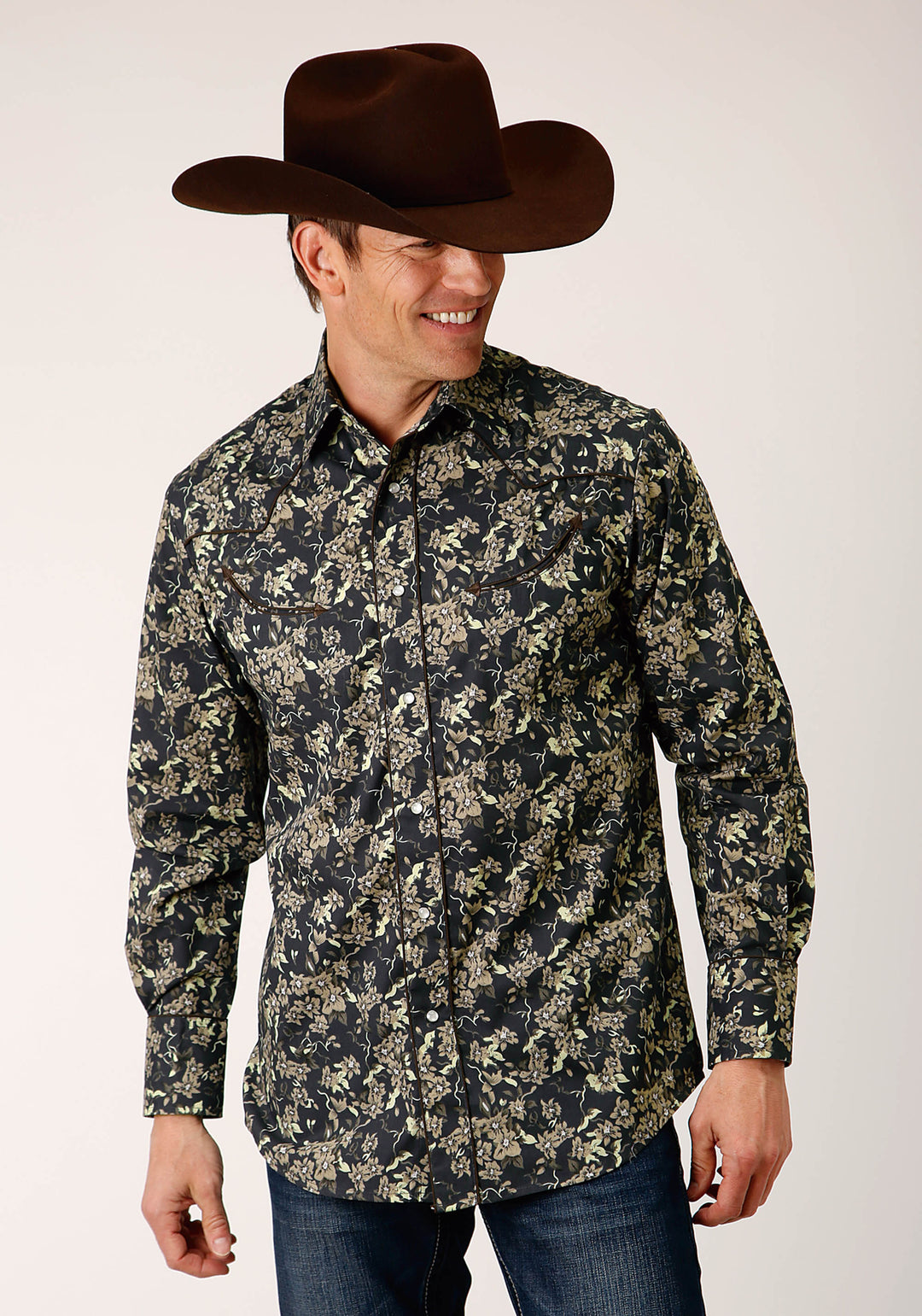 MENS LONG SLEEVE SNAP VINTAGE DARK FLORAL PRINT WESTERN SHIRT