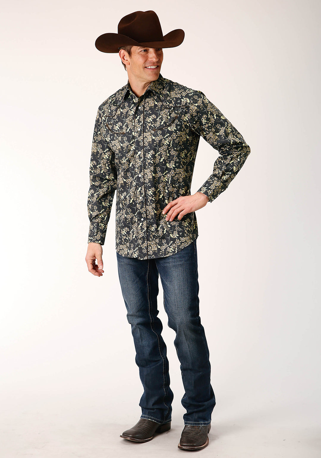 MENS LONG SLEEVE SNAP VINTAGE DARK FLORAL PRINT WESTERN SHIRT