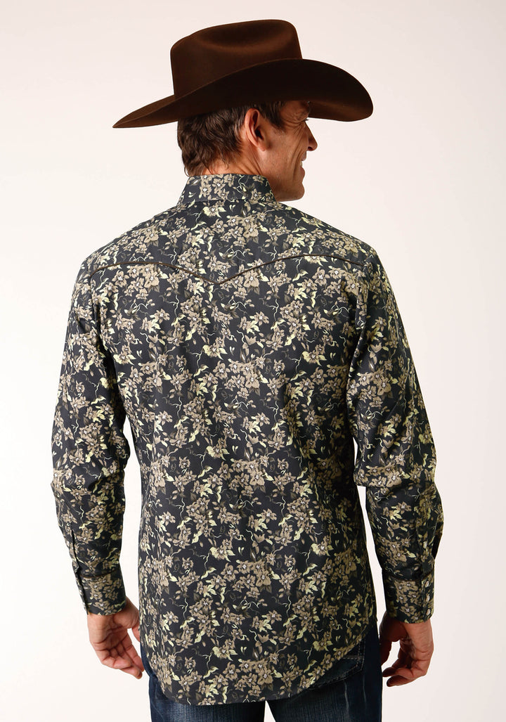 MENS LONG SLEEVE SNAP VINTAGE DARK FLORAL PRINT WESTERN SHIRT