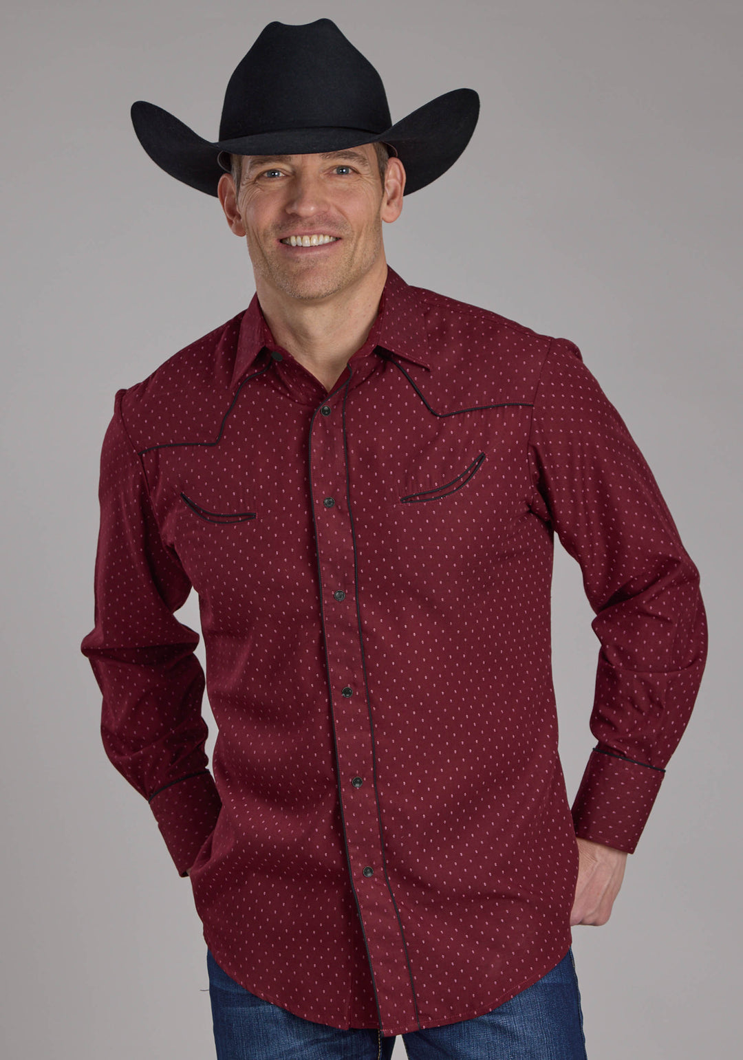 MENS WINE DOT PRINT LONG SLEEVE SNAP WESTERN SHIRT