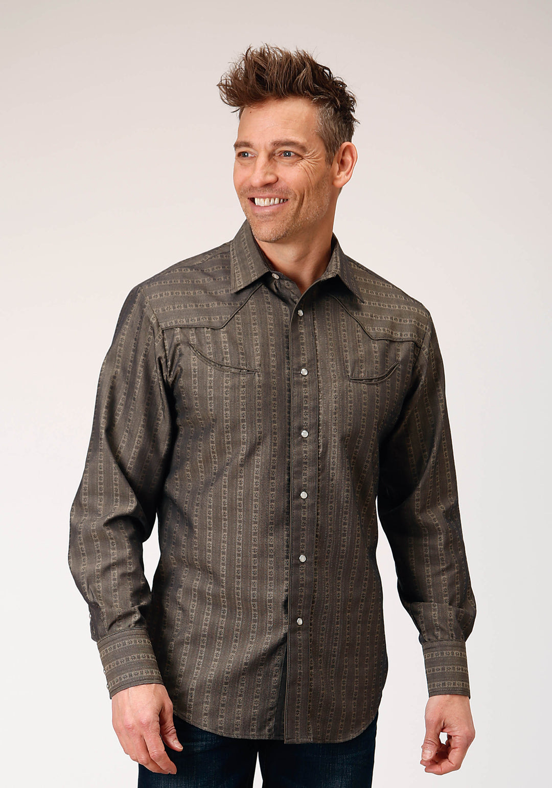 MENS LONG SLEEVE SNAP GREY FLORAL TONE ON TONE STRIP WESTERN SHIRT WITH SOLID PIPING AND SMILE POCKETS