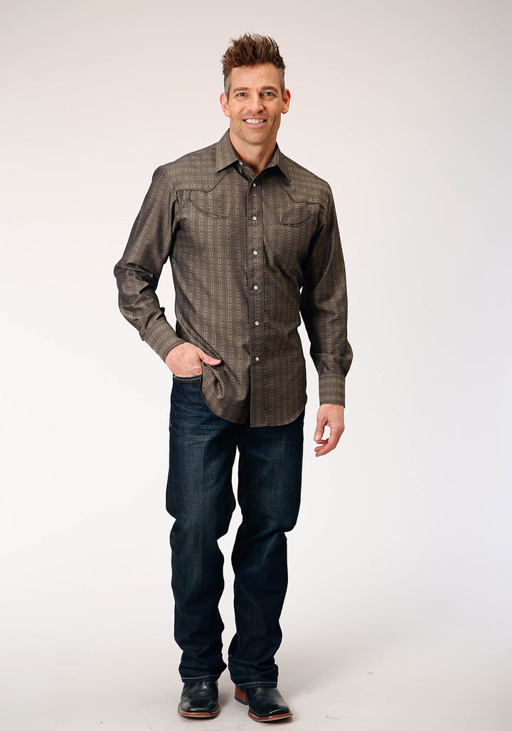 MENS LONG SLEEVE SNAP GREY FLORAL TONE ON TONE STRIP WESTERN SHIRT WITH SOLID PIPING AND SMILE POCKETS
