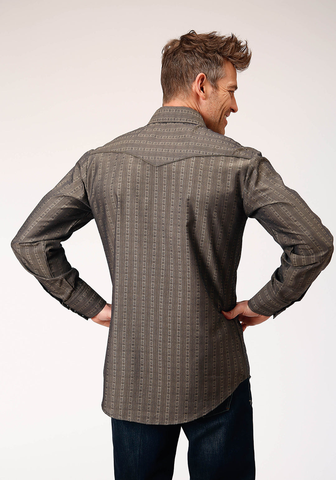 MENS LONG SLEEVE SNAP GREY FLORAL TONE ON TONE STRIP WESTERN SHIRT WITH SOLID PIPING AND SMILE POCKETS
