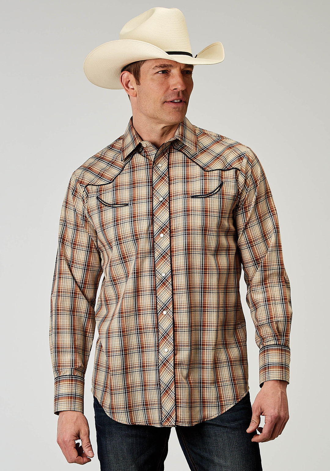 MENS LONG SLEEVE SNAP BROWN PLAID WESTERN SHIRT WITH SOLID PIPING ON FRONT AND BACK YOKES SMILE POCKETS