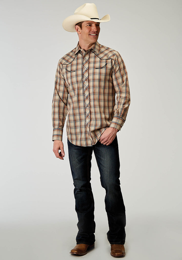 MENS LONG SLEEVE SNAP BROWN PLAID WESTERN SHIRT WITH SOLID PIPING ON FRONT AND BACK YOKES SMILE POCKETS