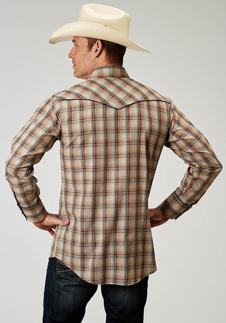 MENS LONG SLEEVE SNAP BROWN PLAID WESTERN SHIRT WITH SOLID PIPING ON FRONT AND BACK YOKES SMILE POCKETS
