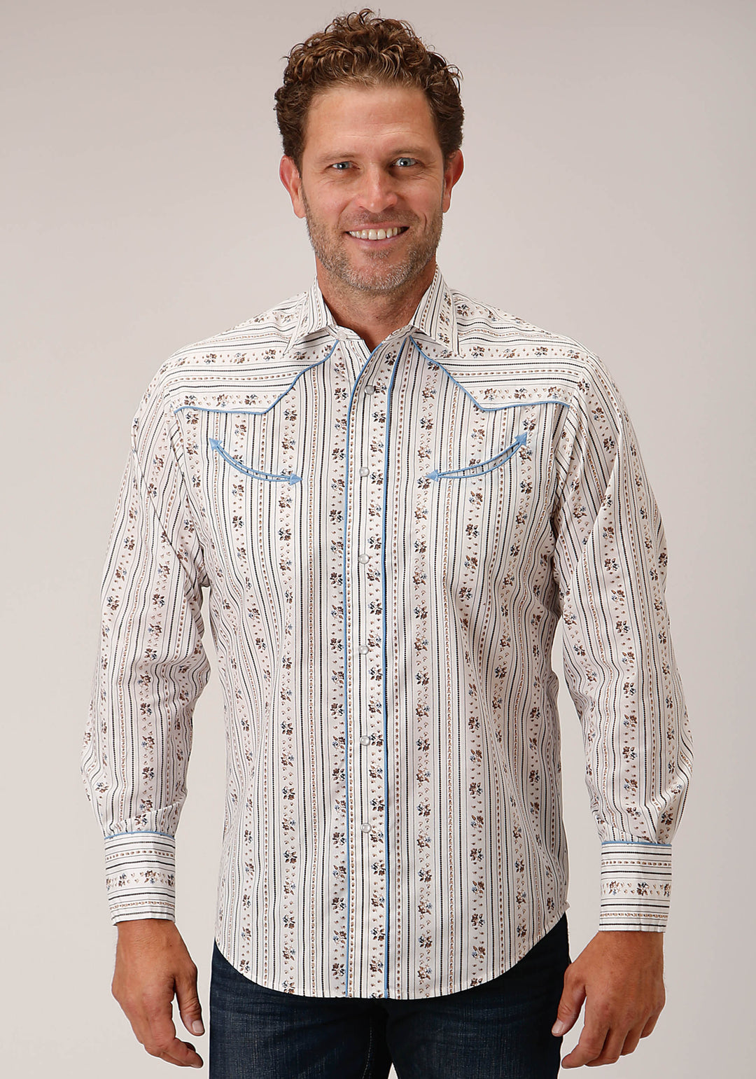 MENS LONG SLEEVE SNAP BROWN AND BLUE WALLPAPER STRIPE WESTERN SHIRT