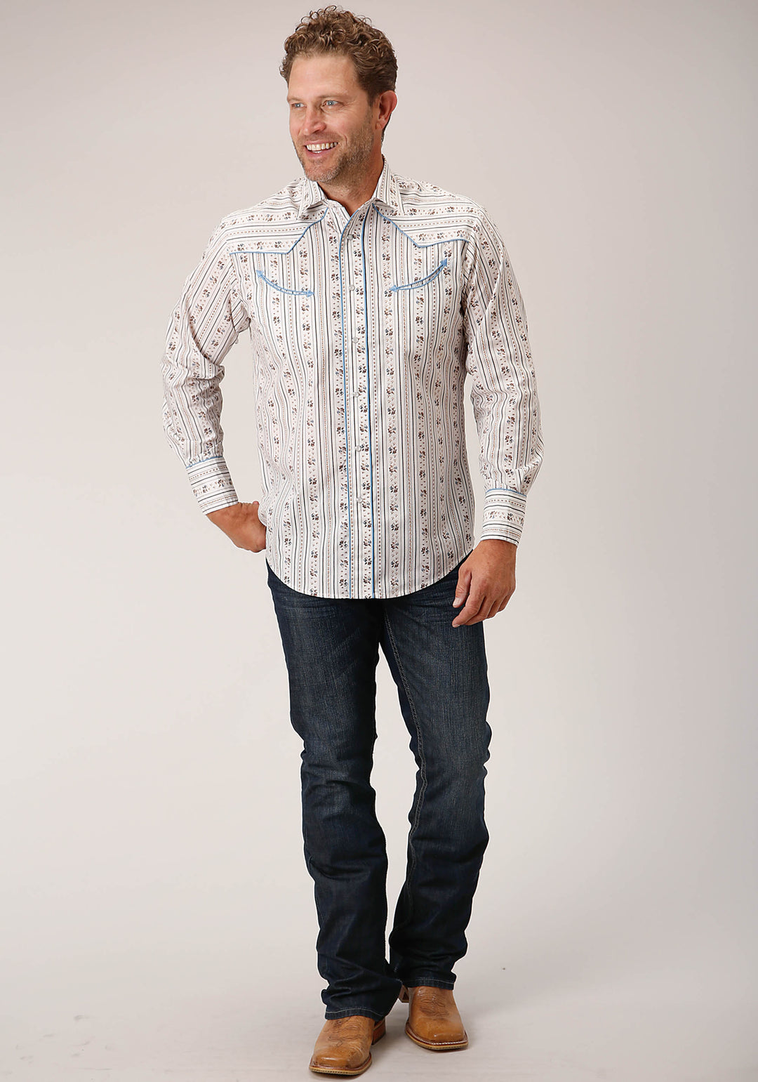 MENS LONG SLEEVE SNAP BROWN AND BLUE WALLPAPER STRIPE WESTERN SHIRT