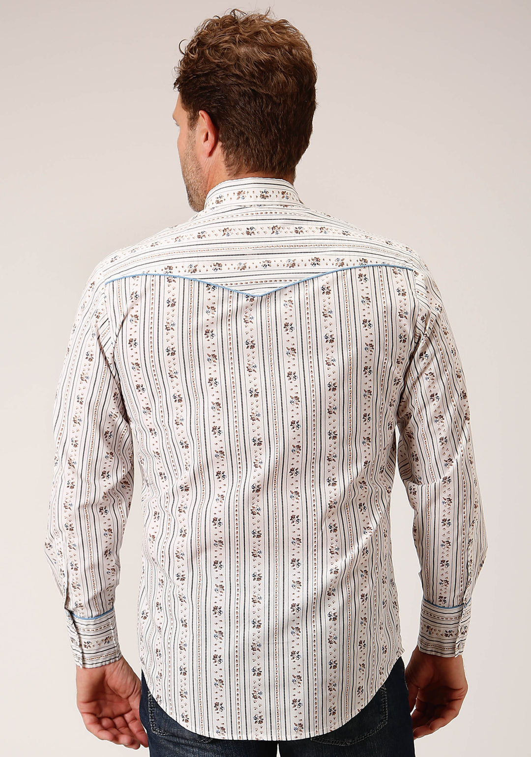 MENS LONG SLEEVE SNAP BROWN AND BLUE WALLPAPER STRIPE WESTERN SHIRT