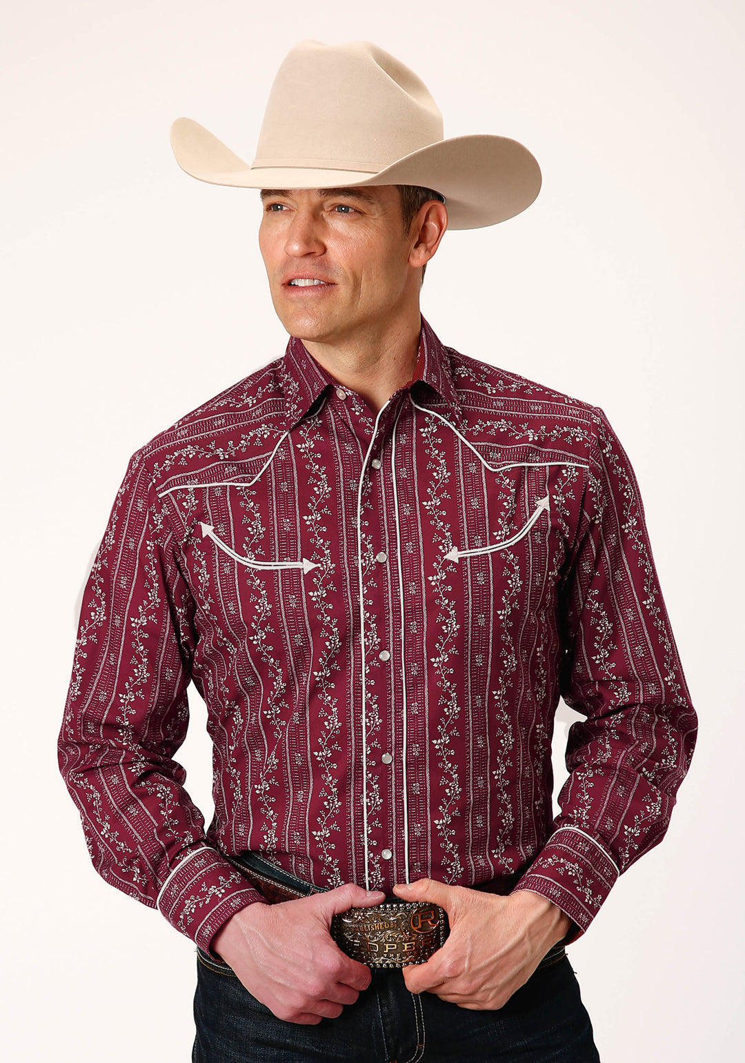 MENS LONG SLEEVE SNAP BRICK RED AND CR WALLPAPER STRIPE WESTERN SHIRT