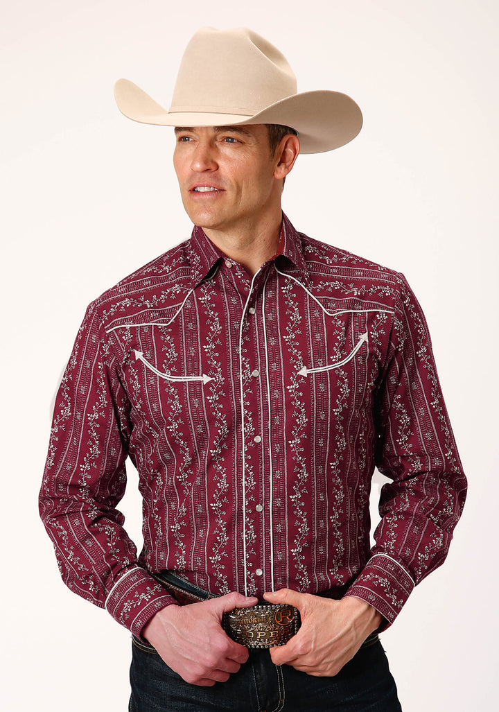 MENS LONG SLEEVE SNAP BRICK RED AND CR WALLPAPER STRIPE WESTERN SHIRT