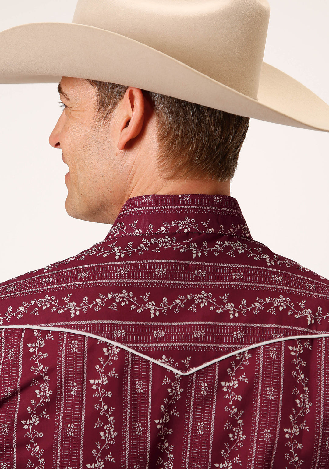 MENS LONG SLEEVE SNAP BRICK RED AND CR WALLPAPER STRIPE WESTERN SHIRT