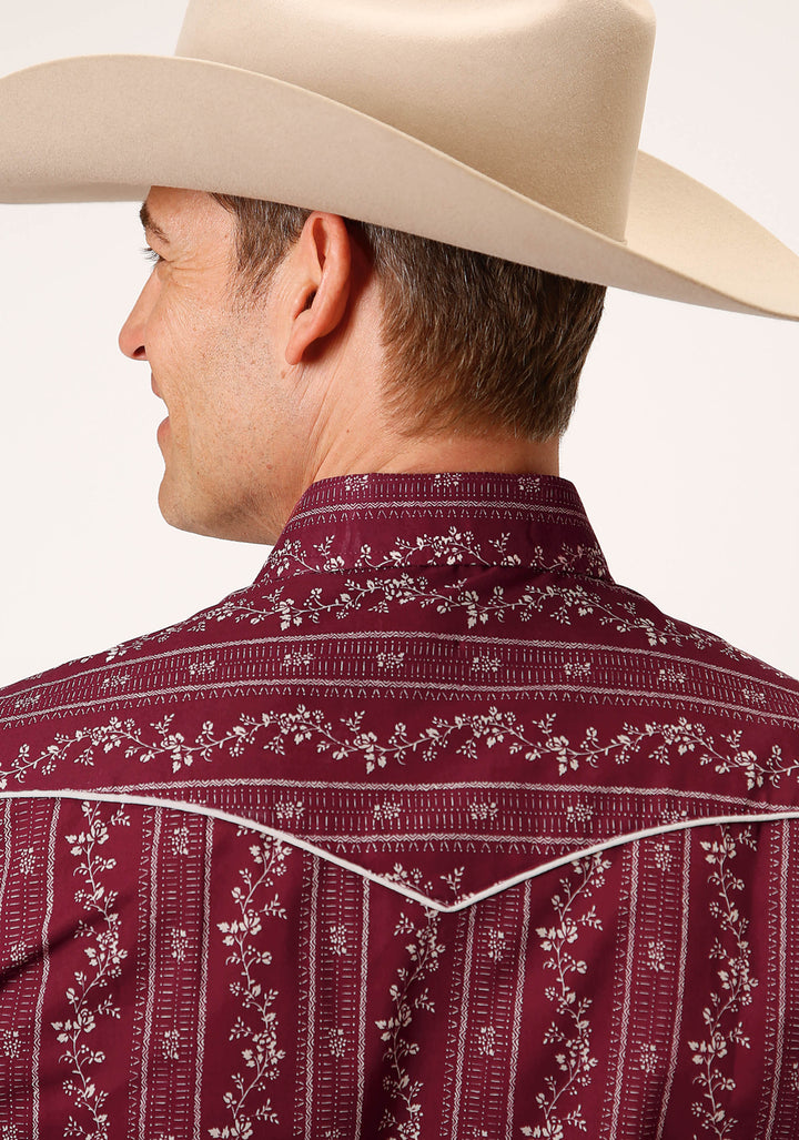 MENS LONG SLEEVE SNAP BRICK RED AND CR WALLPAPER STRIPE WESTERN SHIRT