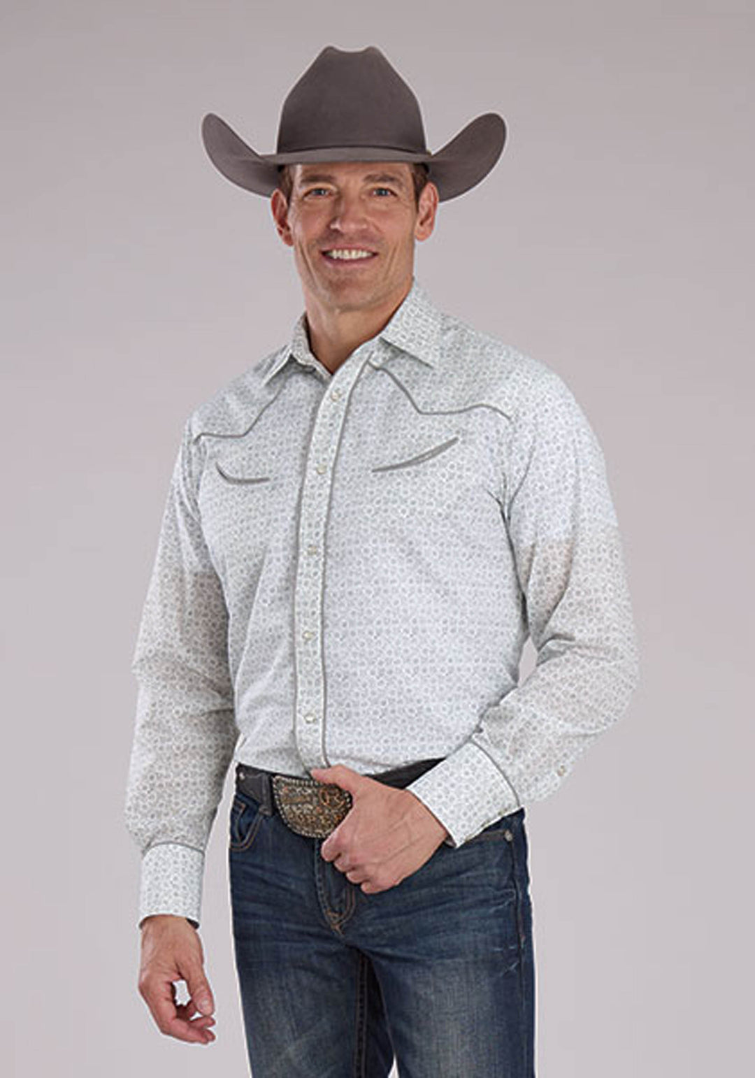 MENS GRAY AND WHITE FLORAL PRINT LONG SLEEVE SNAP WESTERN SHIRT