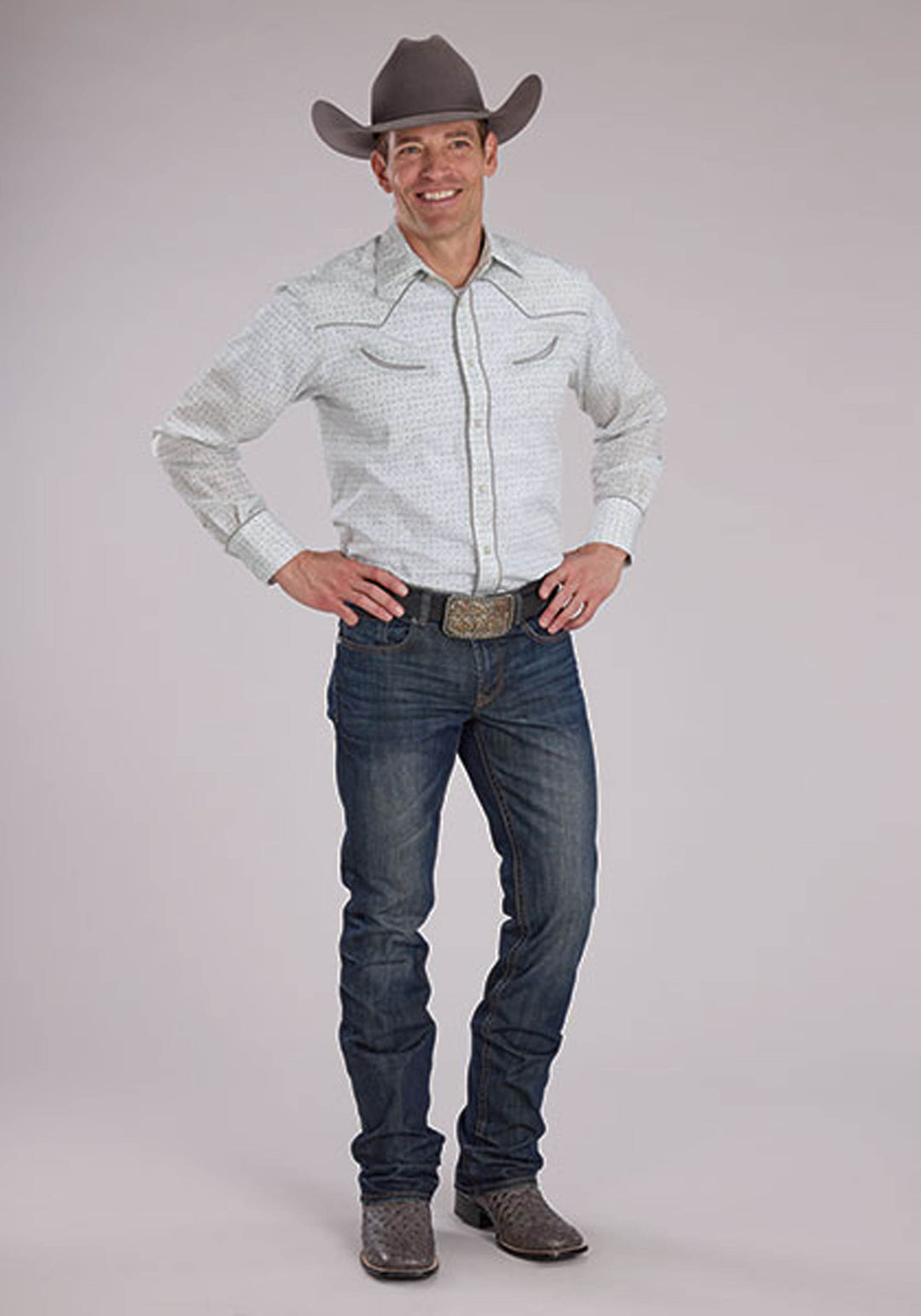 MENS GRAY AND WHITE FLORAL PRINT LONG SLEEVE SNAP WESTERN SHIRT