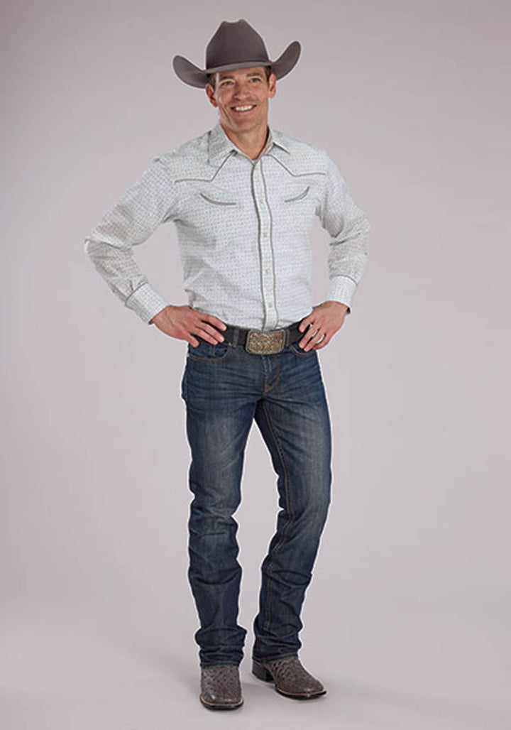 MENS GRAY AND WHITE FLORAL PRINT LONG SLEEVE SNAP WESTERN SHIRT