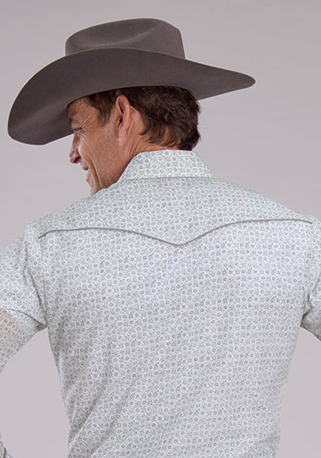 MENS GRAY AND WHITE FLORAL PRINT LONG SLEEVE SNAP WESTERN SHIRT