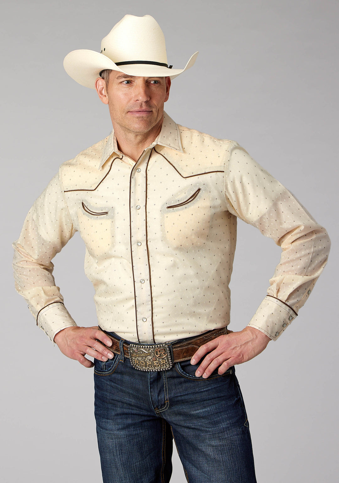 MENS CREAM WHITE DIAMOND WALLPAPER PRINT LONG SLEEVE SNAP WESTERN SHIRT