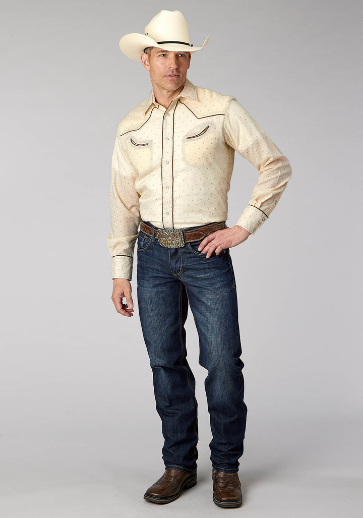 MENS CREAM WHITE DIAMOND WALLPAPER PRINT LONG SLEEVE SNAP WESTERN SHIRT