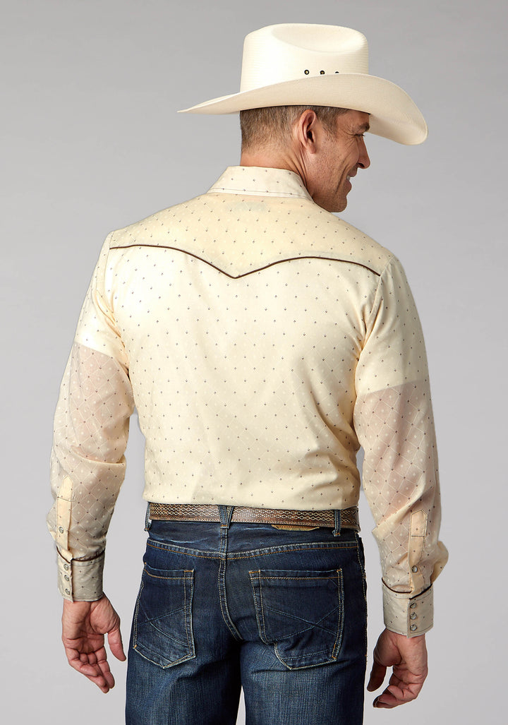 MENS CREAM WHITE DIAMOND WALLPAPER PRINT LONG SLEEVE SNAP WESTERN SHIRT
