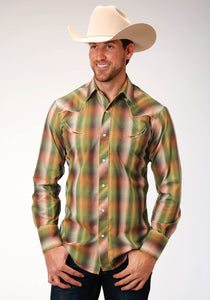MENS GREEN OMBRE PLAID LONG SLEEVE SNAP WESTERN SHIRT