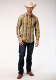 MENS GREEN OMBRE PLAID LONG SLEEVE SNAP WESTERN SHIRT