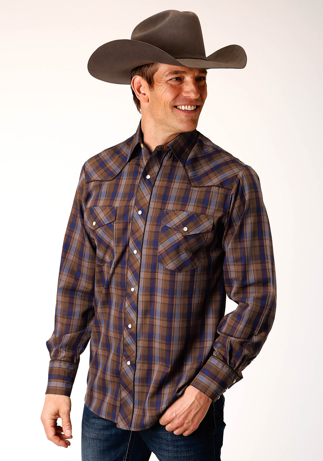 MENS LONG SLEEVE SNAP BLUE CAMEL BROWN PLAID WESTERN SHIRT WITH CONTRAST SOLID PIPING AND POCKETS
