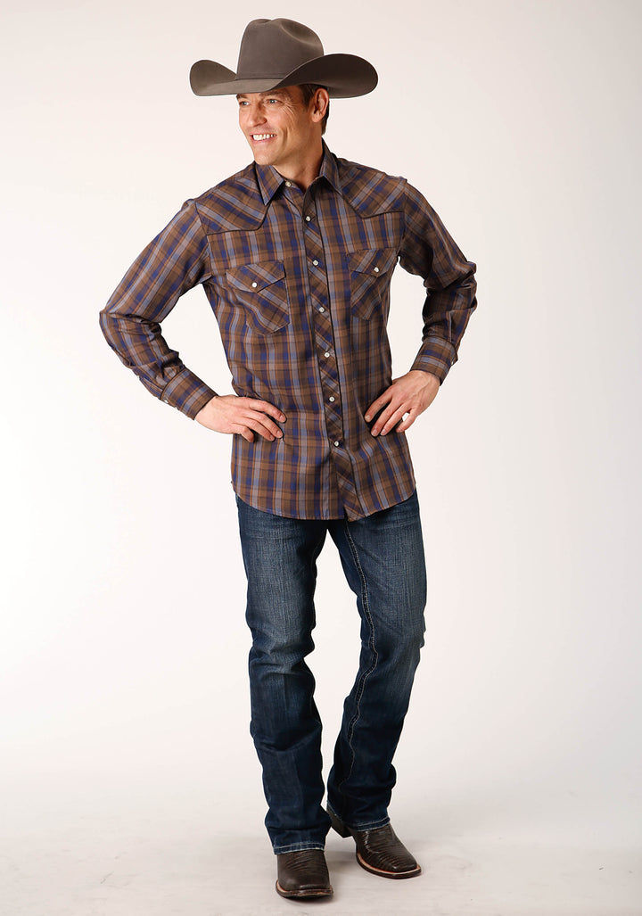 MENS LONG SLEEVE SNAP BLUE CAMEL BROWN PLAID WESTERN SHIRT WITH CONTRAST SOLID PIPING AND POCKETS